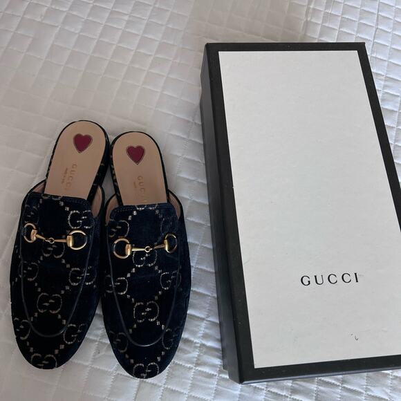 GUCCI Princetown GG velvet shoes 8.5M US sizing 38+ blue Excellent pre-owned - Picture 5 of 14